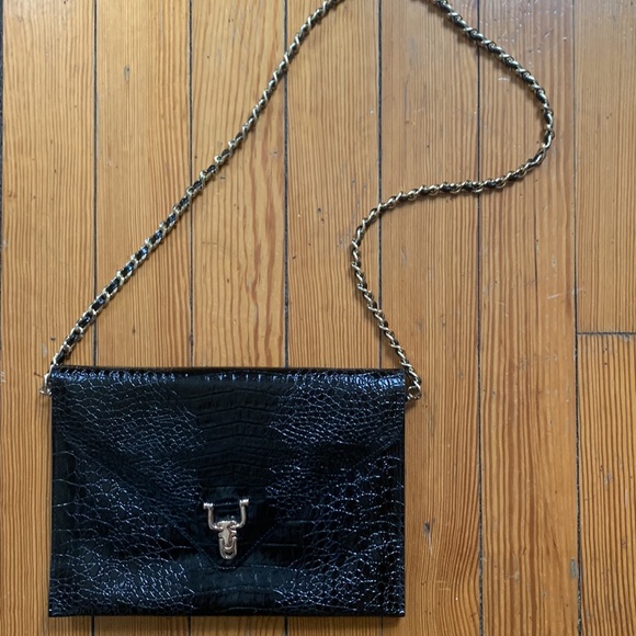 Vintage 80s patent leather croc print envelope crossbody/shoulder bag w chain - Picture 2 of 13